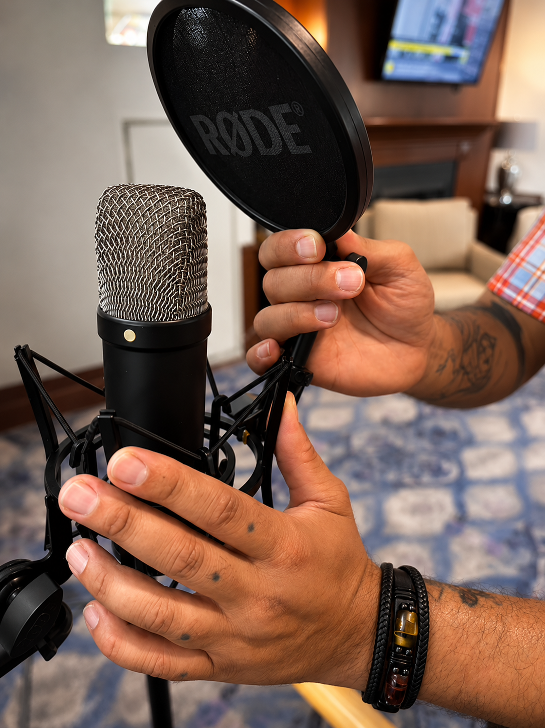 Participant positioning the microphone