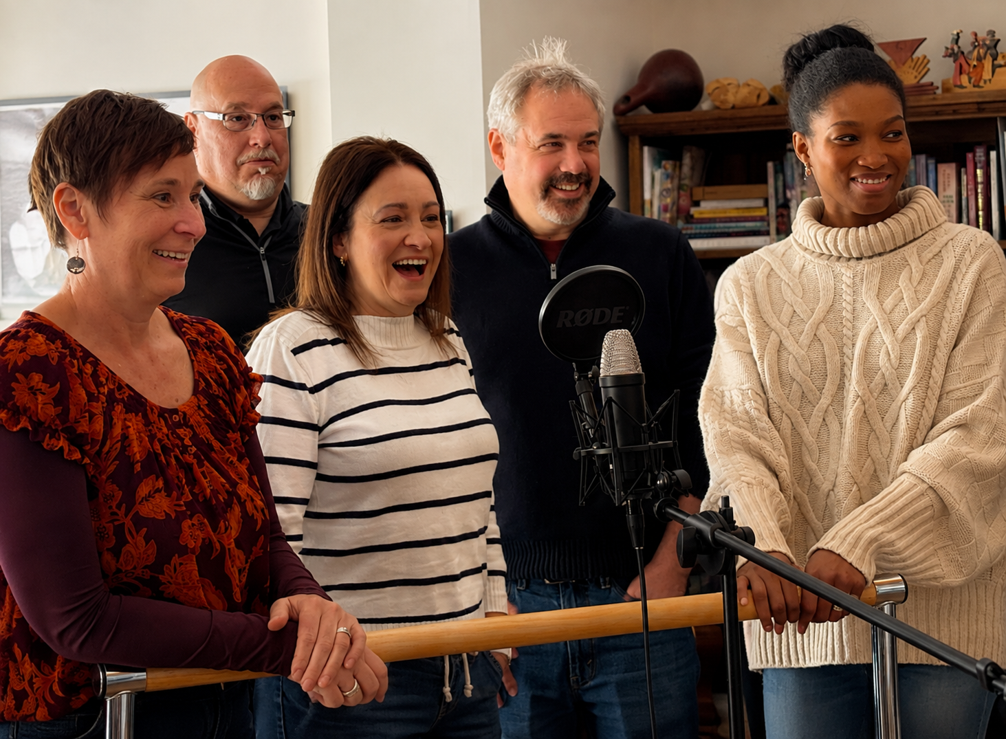 Participants gathered around a microphone